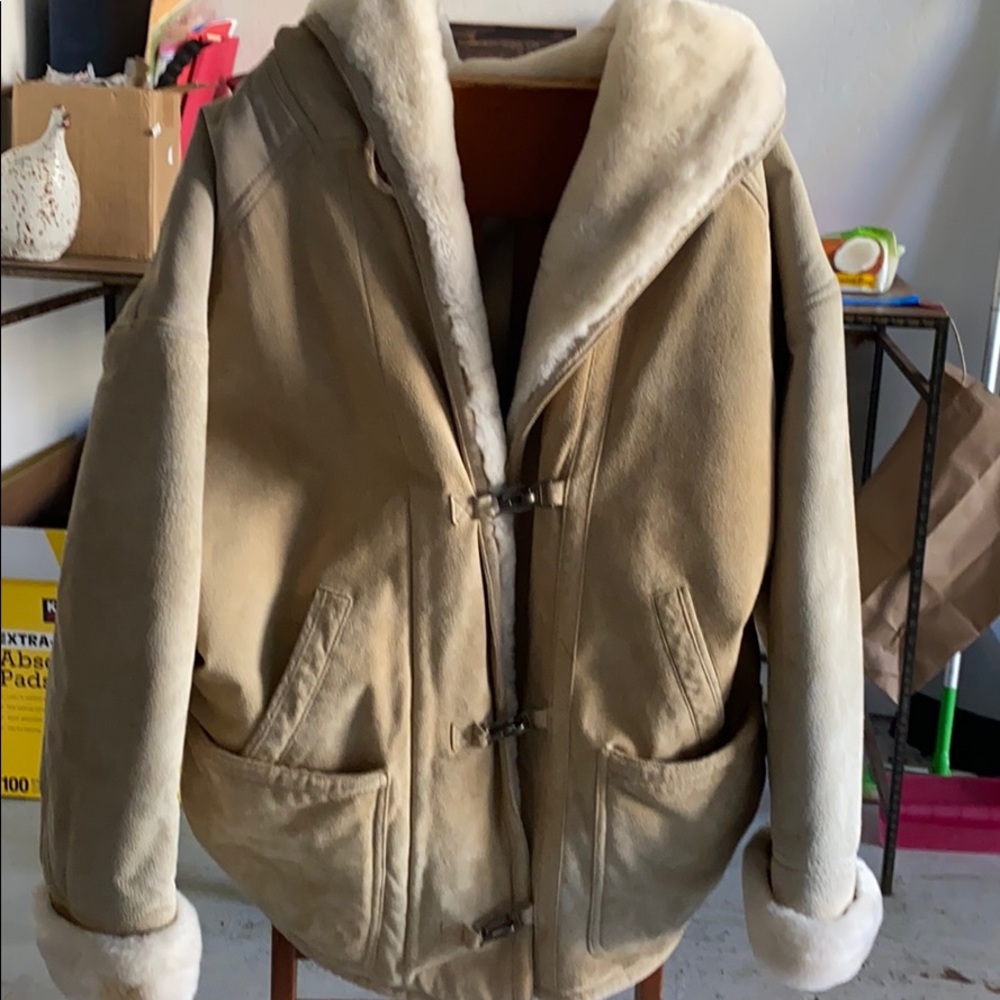 Leather and fur hooded jacket